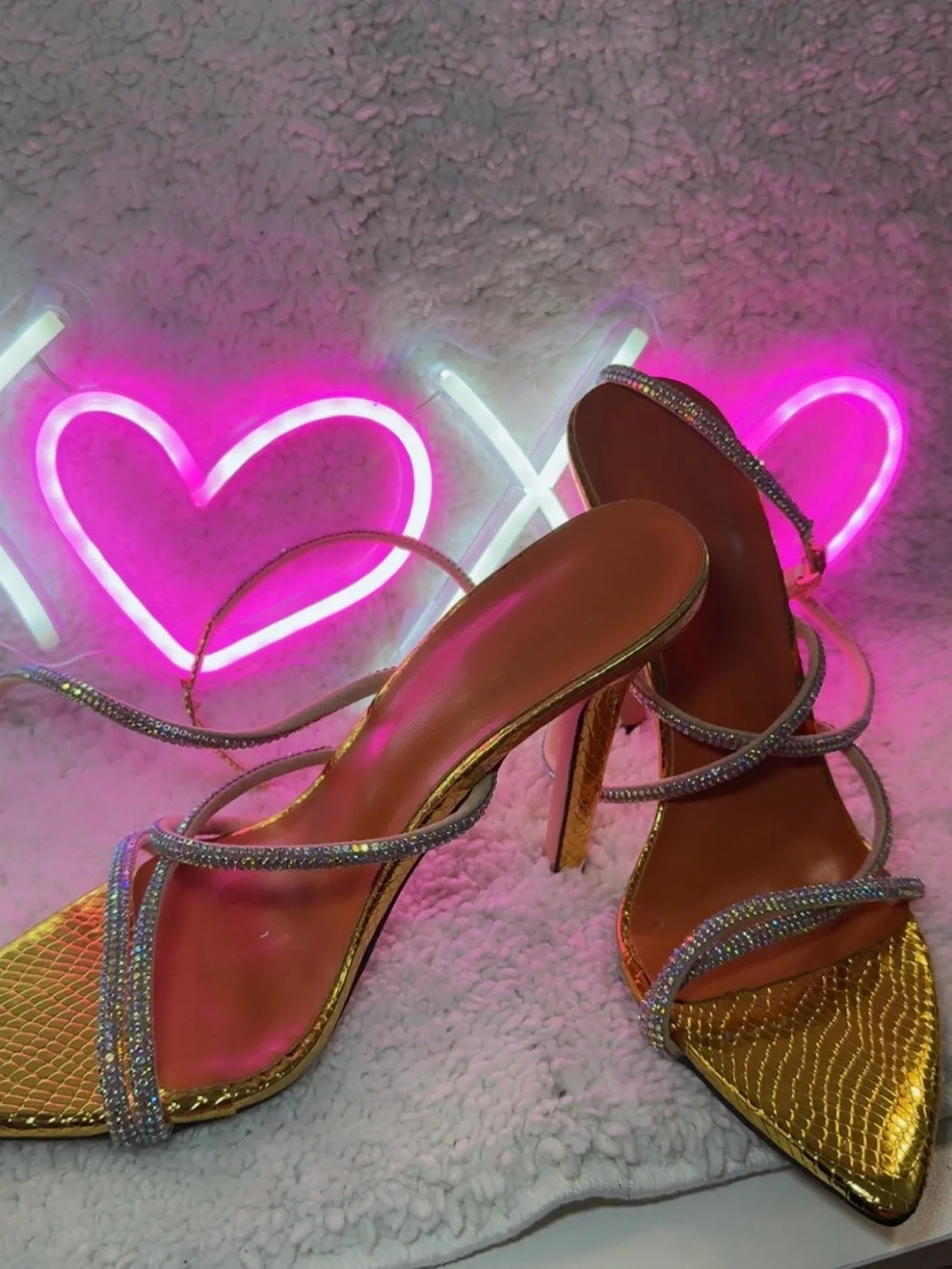 SHEIN Gold Metallic Stiletto Sandals with Rhinestone Straps